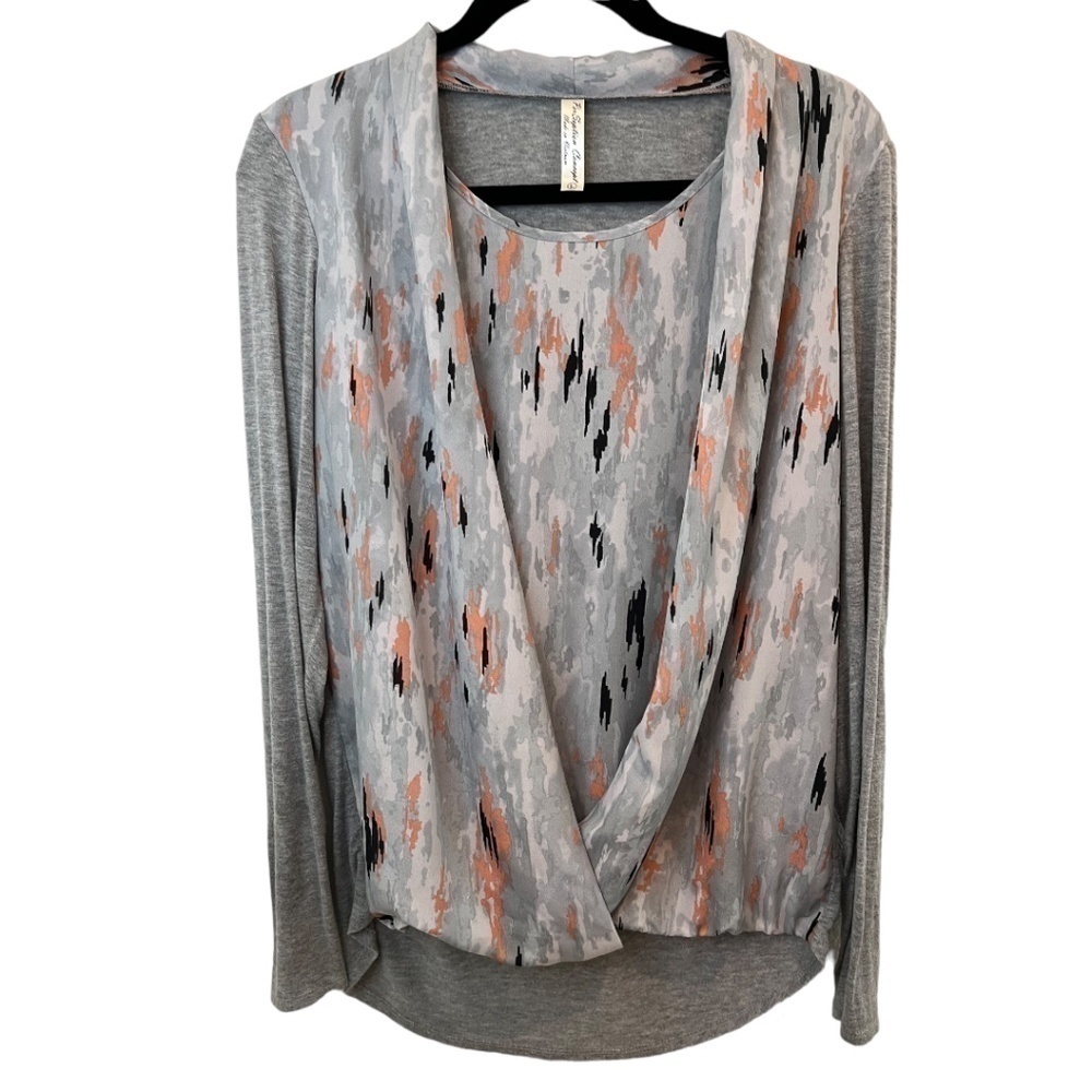 Perceptions Faux Wrap Blouse with Attached Tank High Low Hem Long Sleeve size L